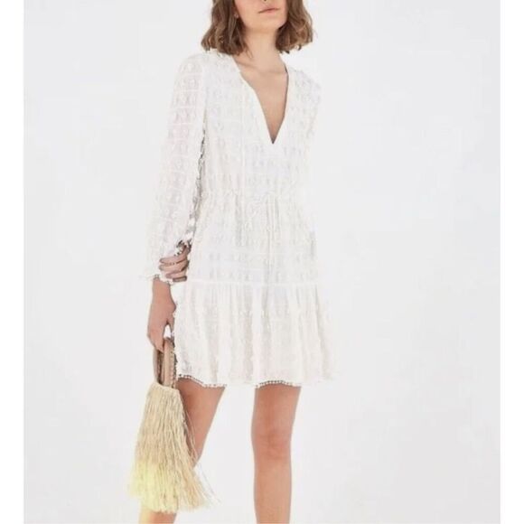 Farm Rio White Textured Mini Dress, Beaded Tassels- Size Small - Picture 12 of 14